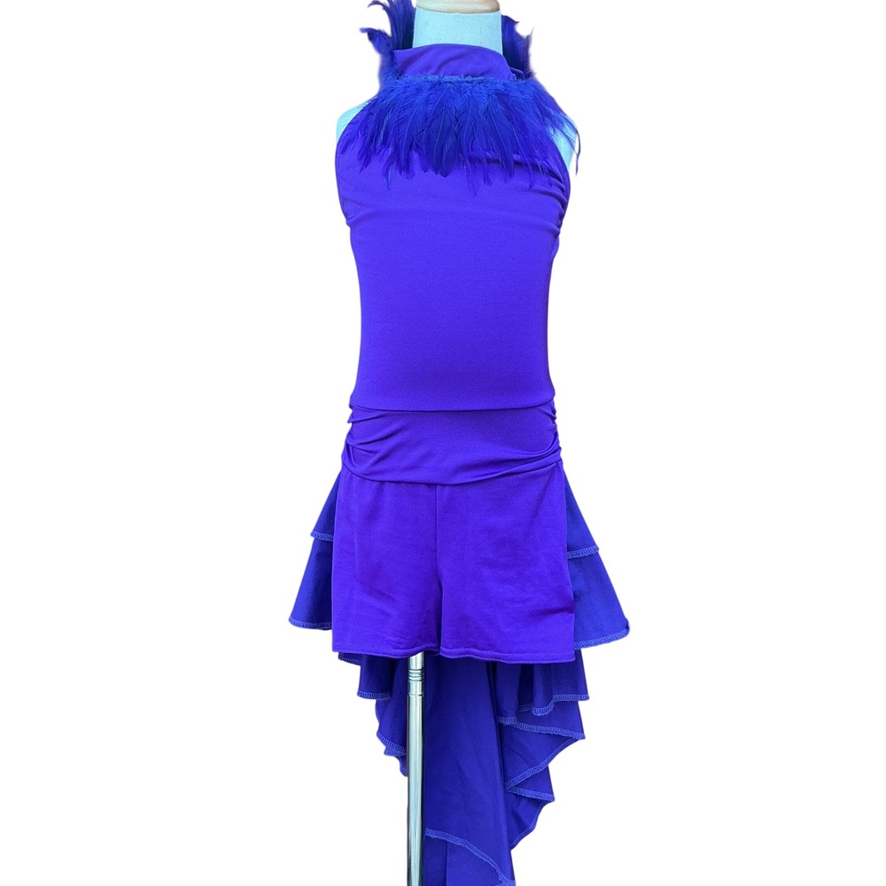 Kelle Dance Costume Kids L Purple/Blue Feather Ruffle High-Low Performance Stage